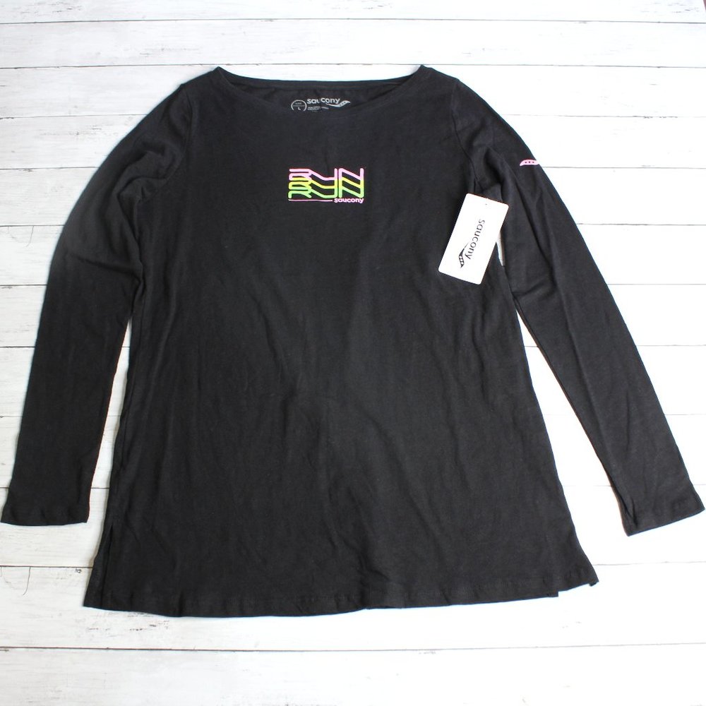 Saucony Vintage Womens Graphic T Shirt Top Size L Black Slub Long Sleeve